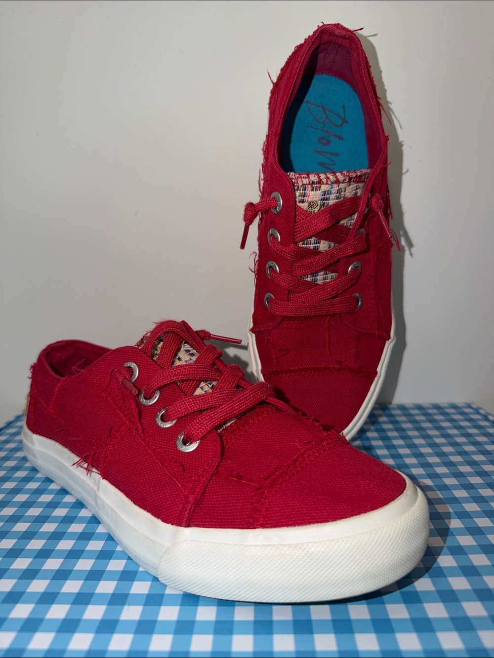 Women’s Casual Red Canvas Lace-Up Sneakers with Frayed Detail